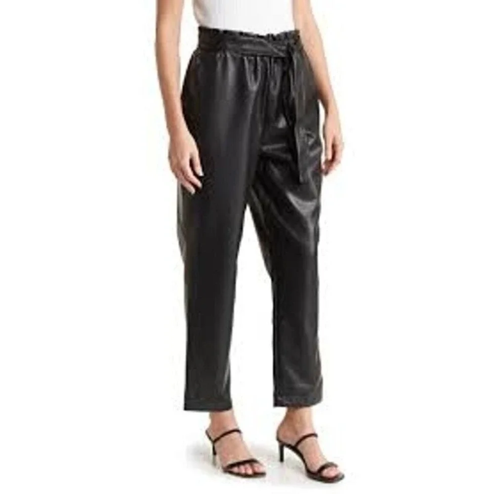Avec Les Filles Womens Small Black Faux Leather Paperbag Waist Pants Career Work